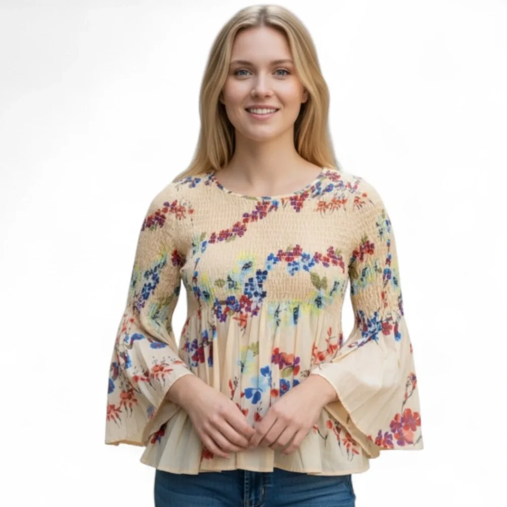 JANE And DELANCEY Boho Smocked Floral Bell Sleeve Blouse Size L - Picture 1 of 7